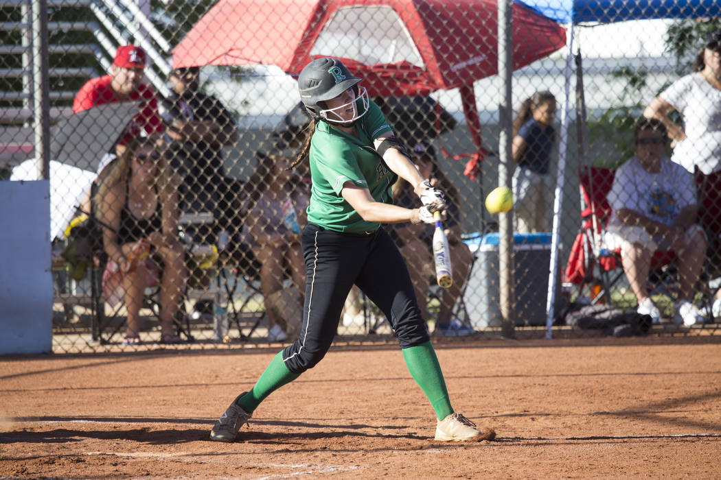 Rancho’s Sam Pochop (72) connects with the ball for a single against Liberty at Foothi ...