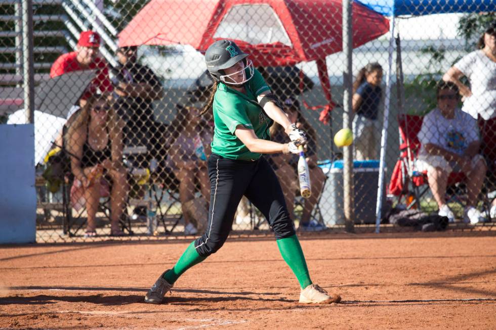 Rancho’s Sam Pochop (72) connects with the ball for a single against Liberty at Foothi ...