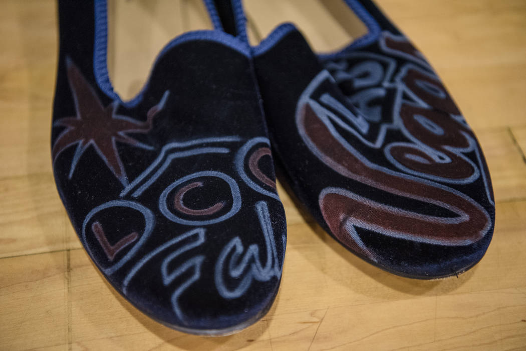 Portland Trail Blazers rookie Zach Collins’ draft shoes resting on the court of Bishop ...