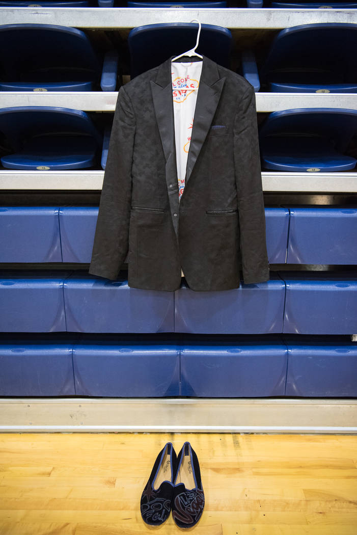 Portland Trail Blazers rookie Zach Collins’ draft ensemble resting on the bleachers of ...