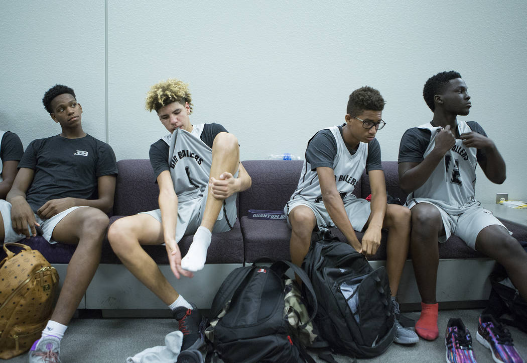 Big Baller Brand player LaMelo Ball, second to left, with his teammates after an Adidas Summ ...