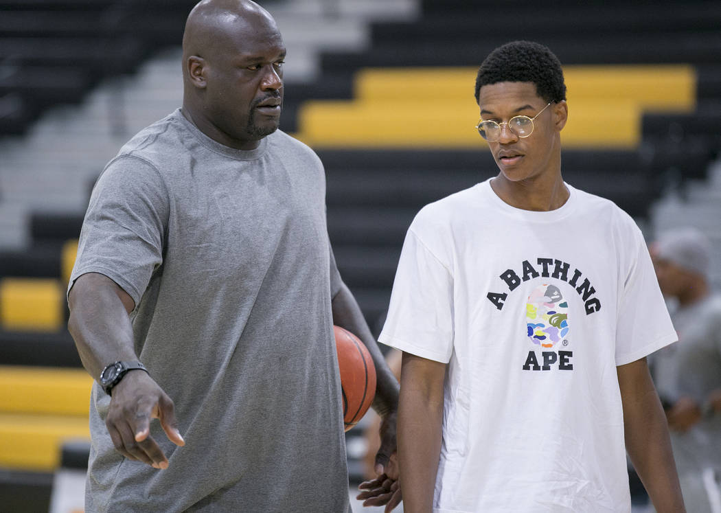 Cal Supreme player Shareef O’Neal, right is coached by his dad Shaquille O’Neal, ...