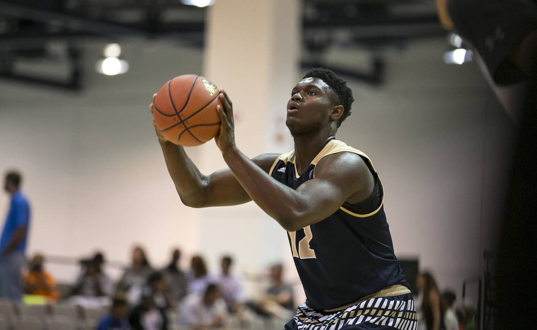 SC Supreme forward Zion Williamson (12) shoots a free throw against Play Hard Play Smart dur ...