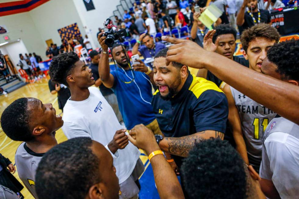 Team Thad celebratets in a post-game huddle during the Las Vegas Fab 48 Championship Game on ...