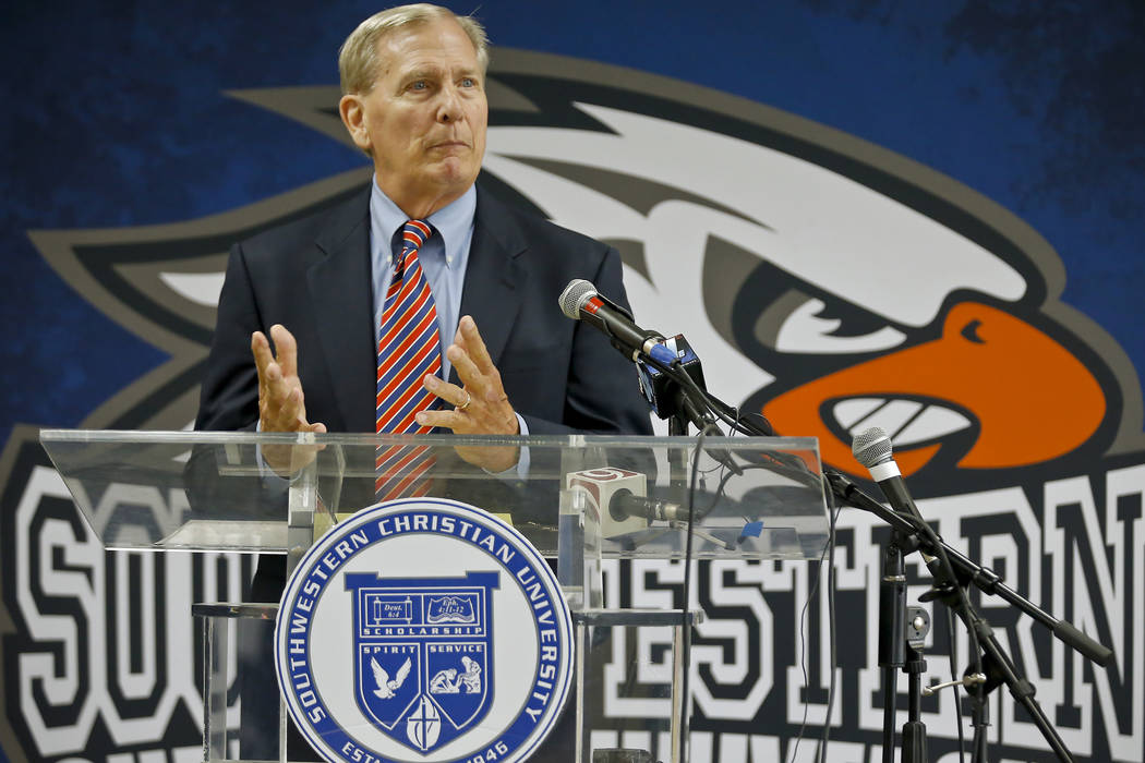 Dave Bliss speaks during his introduction as the new Southwestern Christian University men&# ...