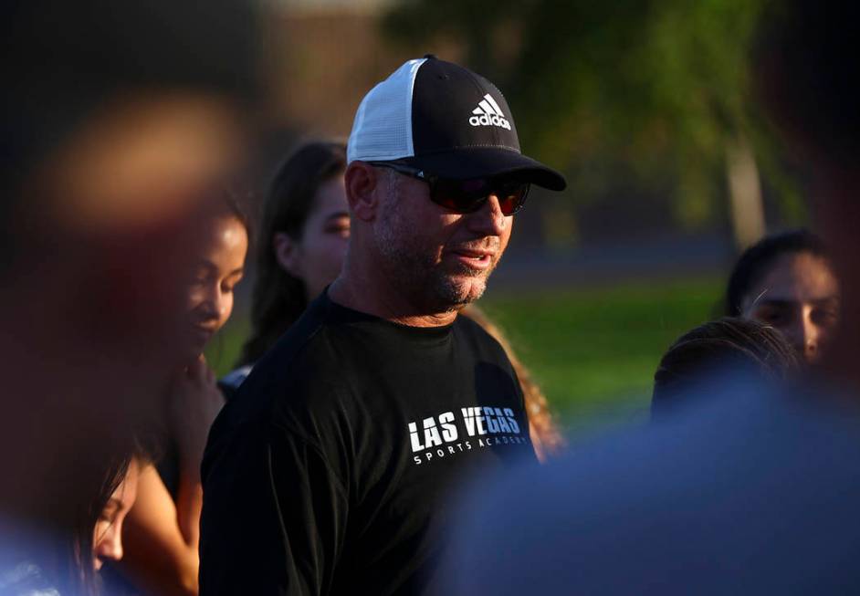 Club soccer coach Doug Borgell speaks during a vigil for Haylei Hughes, a former Cimarron-Me ...