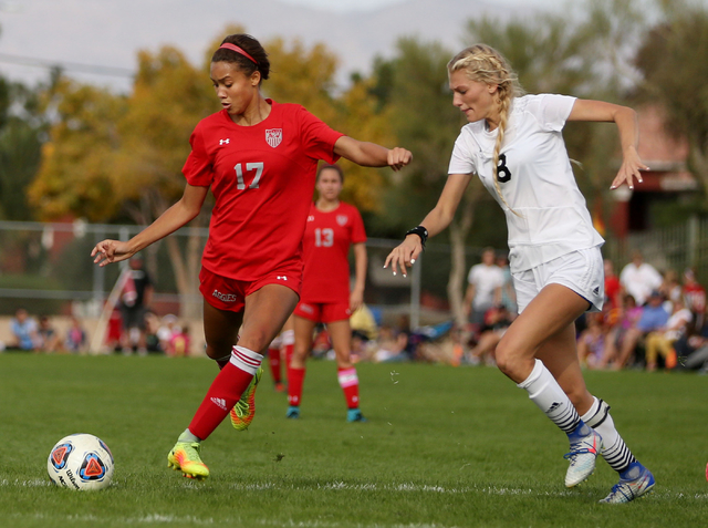 Arbor View’s Deja Erickson (17) Kicks the ball against Palo Verde at the Bettye Wilson ...