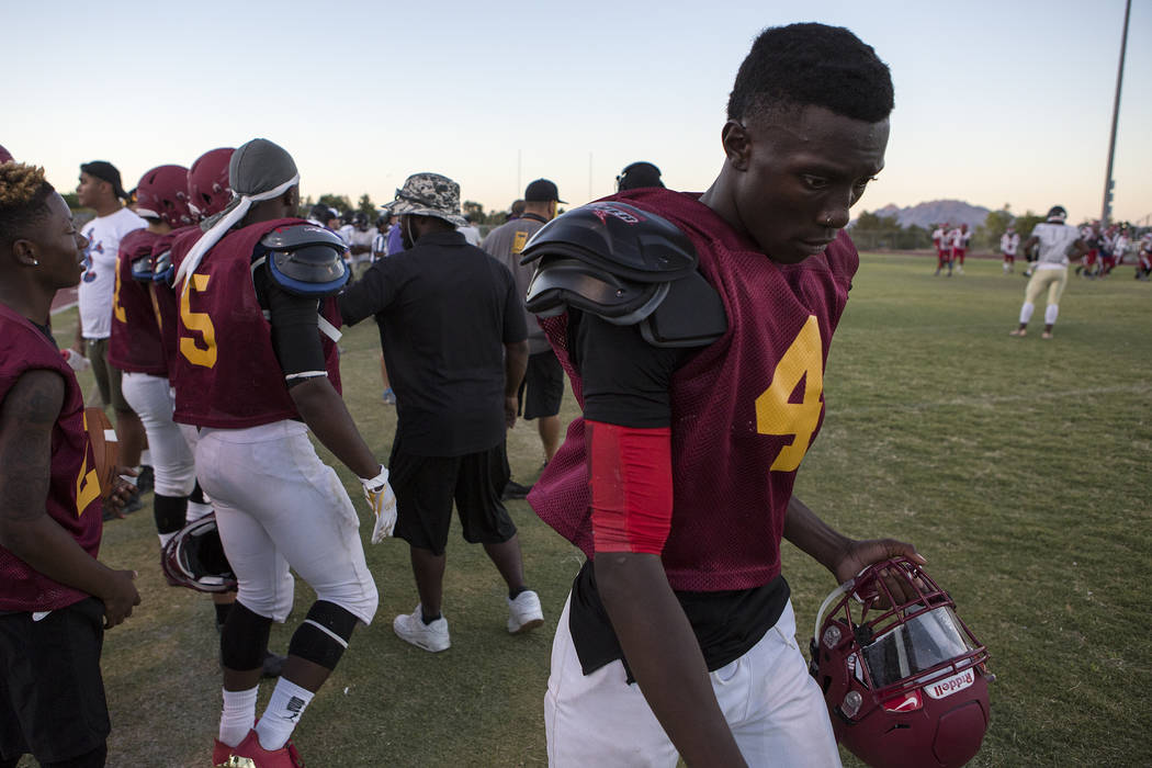 Del Sol sophomore Maalik Flowers walks the sidelines during a three-team scrimmage at Del So ...