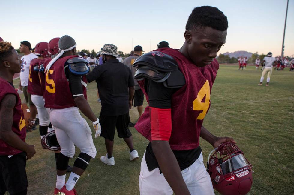 Del Sol sophomore Maalik Flowers walks the sidelines during a three-team scrimmage at Del So ...