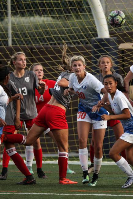 Bishop Gorman’s Gianna Gourley, 30, stares at the ball following a corner kick during ...