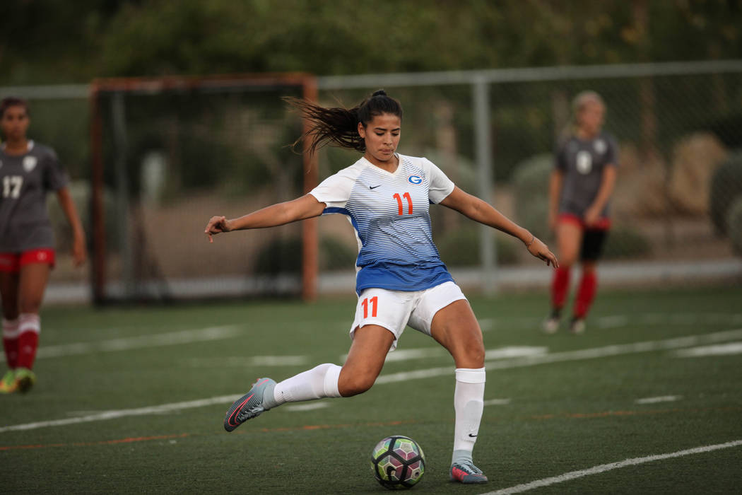 Bishop Gorman’s Jasmine Anaya, 11, kicks the ball during a game against Arbor View Hig ...