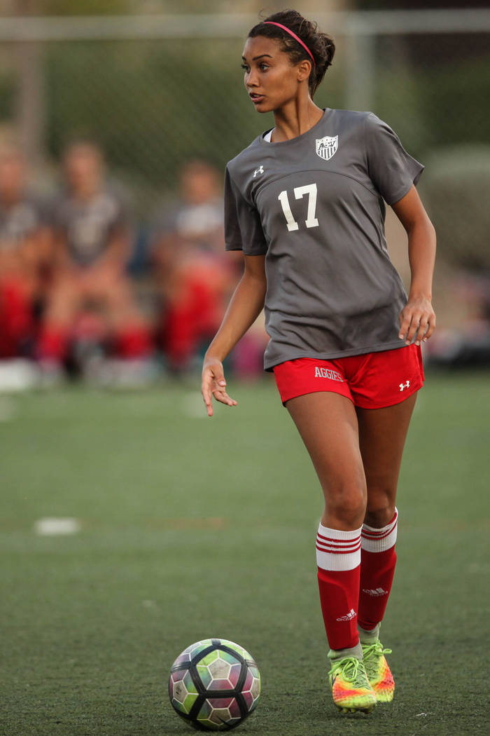 Arbor View’s Deja Erickson, 17, dribbles the ball during a game against Bishop Gorman ...