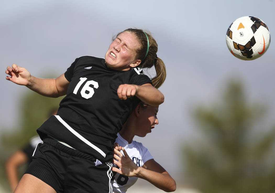 Palo Verde’s Olivia Packer, above, heads the ball over Centennial’s Savannah Tar ...