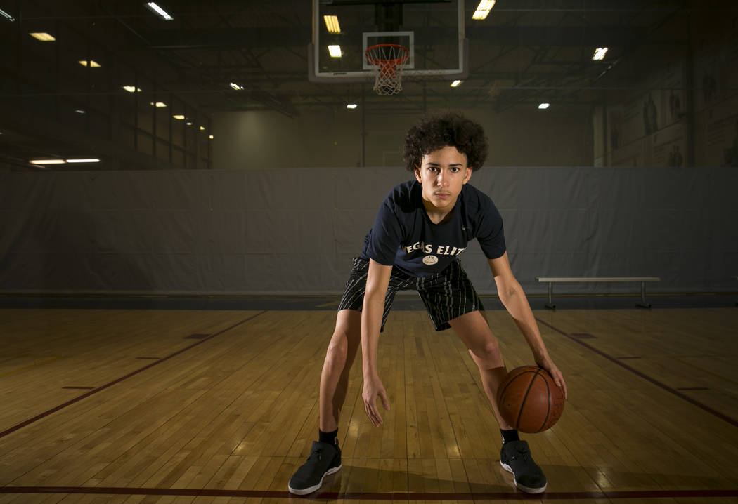 Vegas Elite point guard Richard Isaacs, 14, on the court before a workout session at the Bil ...