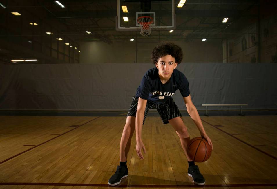 Vegas Elite point guard Richard Isaacs, 14, on the court before a workout session at the Bil ...