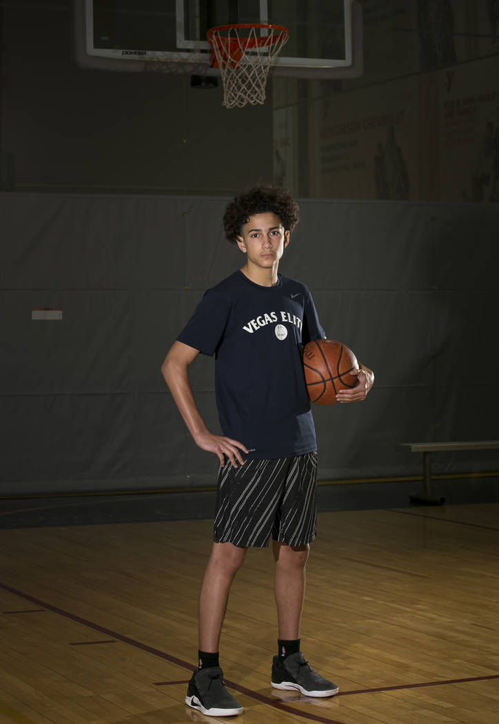 Vegas Elite point guard Richard Isaacs, 14, on the court before a workout session at the Bil ...