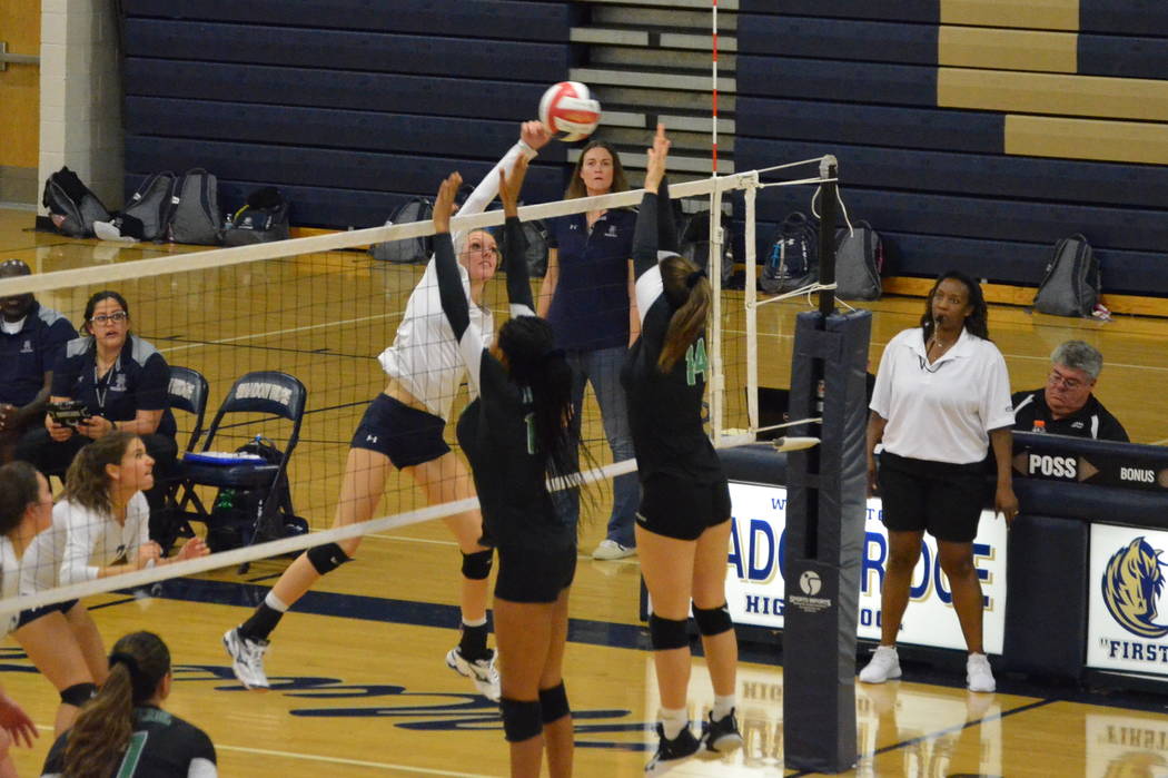 Shadow Ridge’s Madyson Lousignont goes for the kill over Palo Verde’s Jacque Fie ...