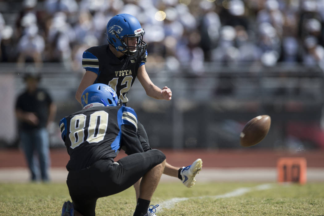 Sierra Vista’s Trevor Gentner (12) kick the ball for an extra point against Clark in t ...