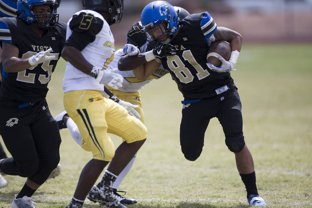 Sierra Vista’s Aaron Kahaleauki (81) runs the ball against Clark in their football gam ...