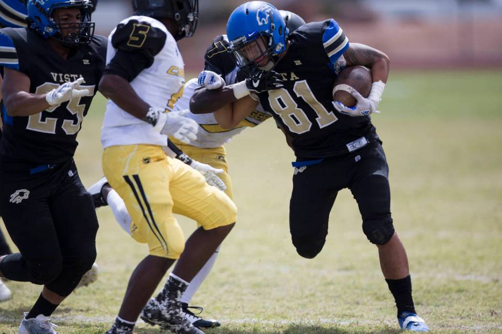 Sierra Vista’s Aaron Kahaleauki (81) runs the ball against Clark in their football gam ...