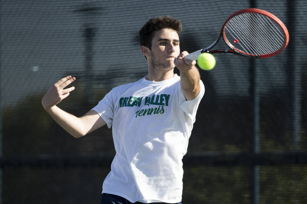 Green Valley’s Ryan Elezra during his singles match at the Darling Tennis Center in La ...