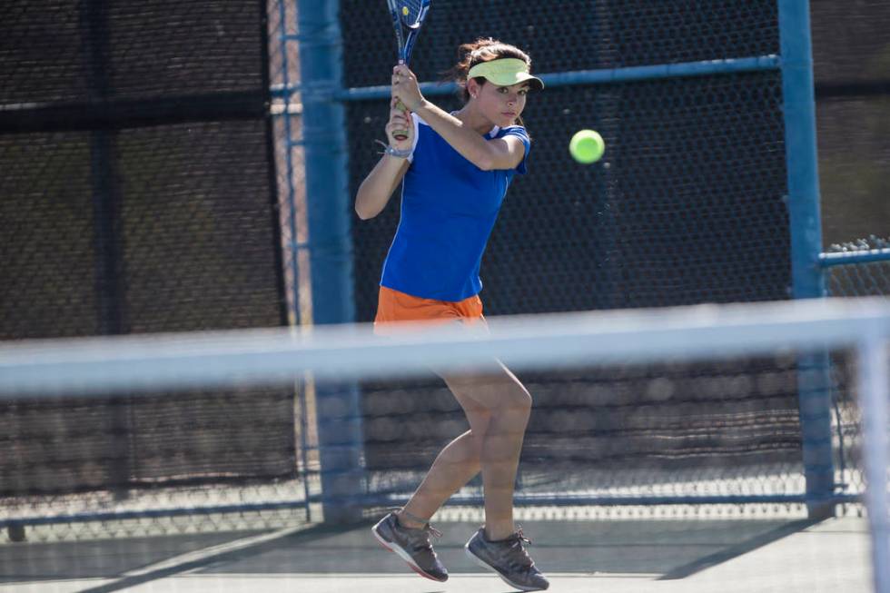 Bishop Gorman’s Olivia Balelo during her double tennis match at the Darling Tennis Cen ...