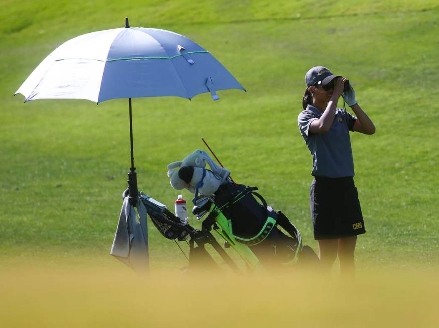 Clark’s Riana Mission checks the course while competing during the Class 4A state girl ...