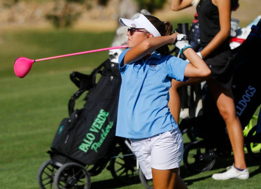 Centennial’s McKenzi Hall watches her tee shot during the Class 4A state girls golf to ...