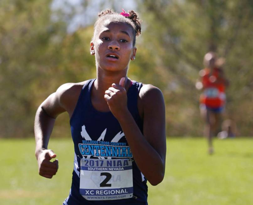 Centennial’s Alexis Gourrier (2) competes during the Girls Cross Country Class 4A Suns ...