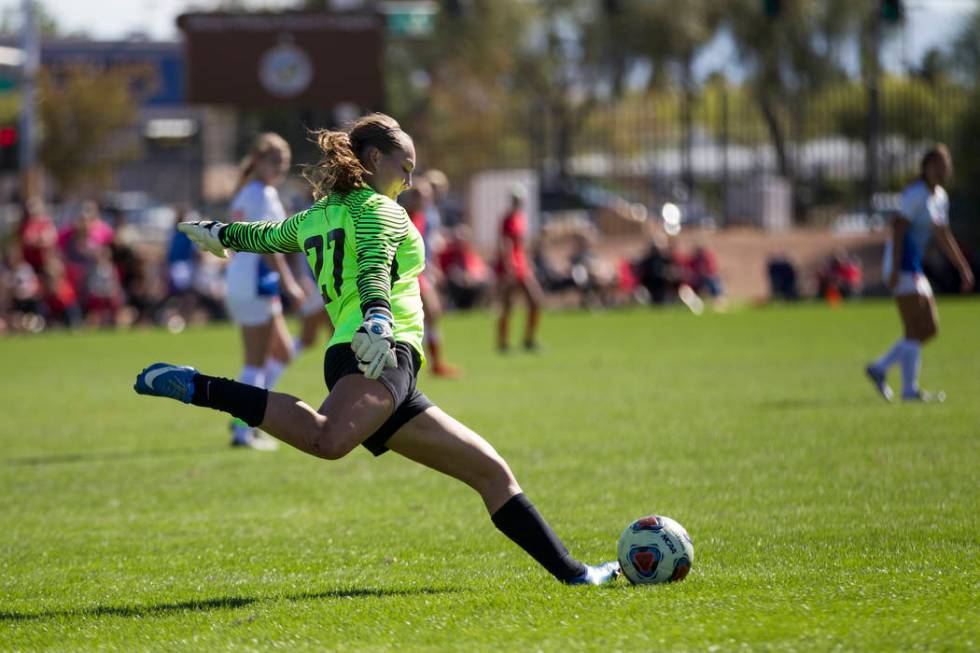 Bishop Gorman’s Hannah Lee (27) during a goal kick against against Arbor View in the S ...