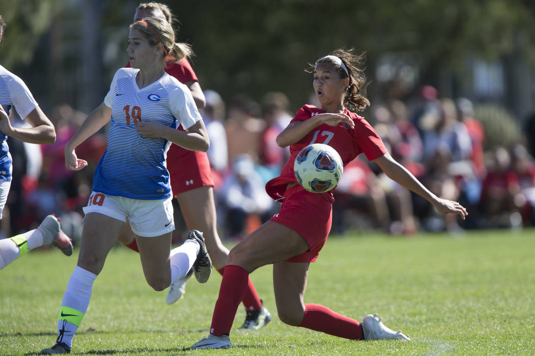 Arbor View’s Deja Erickson (17) misses a kick against Bishop Gorman in the Sunset Regi ...