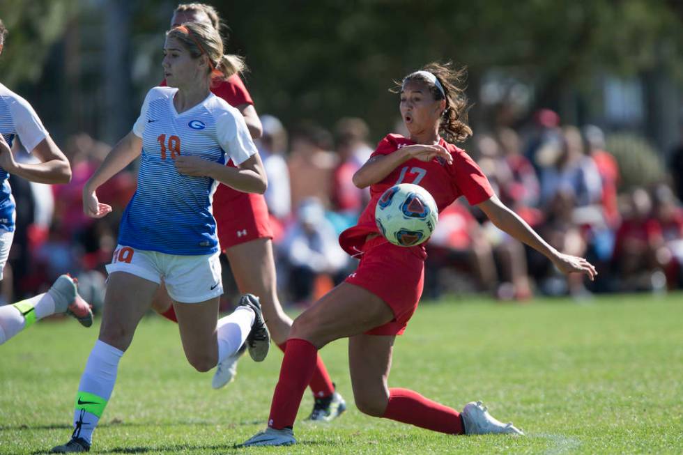 Arbor View’s Deja Erickson (17) misses a kick against Bishop Gorman in the Sunset Regi ...