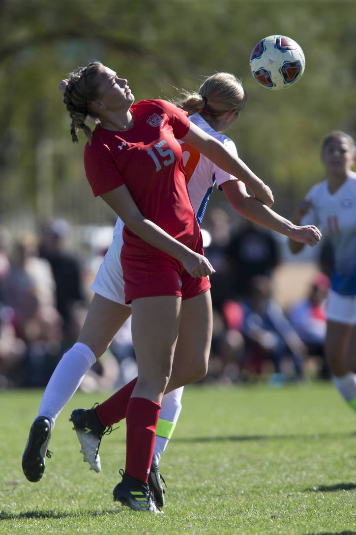 Arbor View’s Jolianna Meyers (15) leaps for the ball against Bishop Gorman in the Suns ...