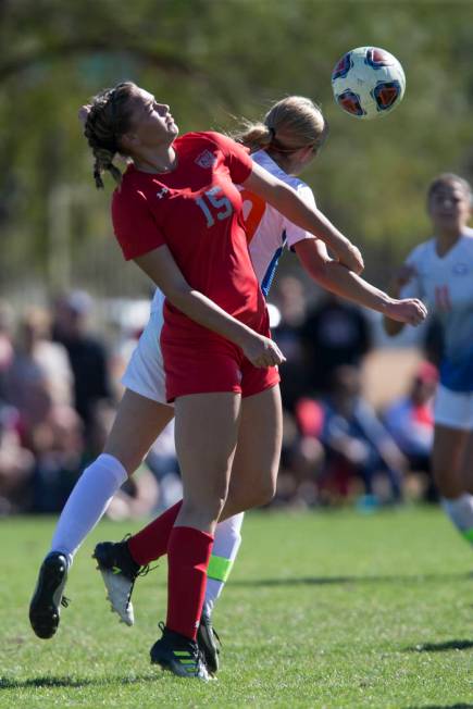 Arbor View’s Jolianna Meyers (15) leaps for the ball against Bishop Gorman in the Suns ...