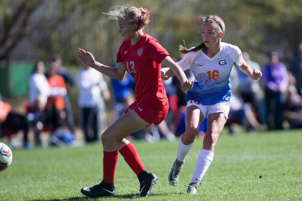 Bishop Gorman’s Taylor Cox (16) kicks the ball for a goal against Arbor View in the Su ...