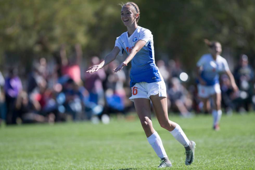 Bishop Gorman’s Taylor Cox (16) celebrates her goal against Arbor View in the Sunset R ...