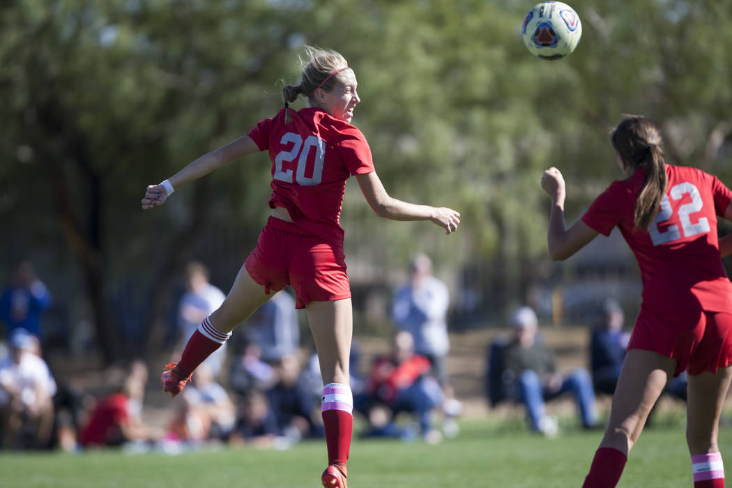 Arbor View’s Allyssa Larkin (20) leaps for the ball against Bishop Gorman in the Sunse ...