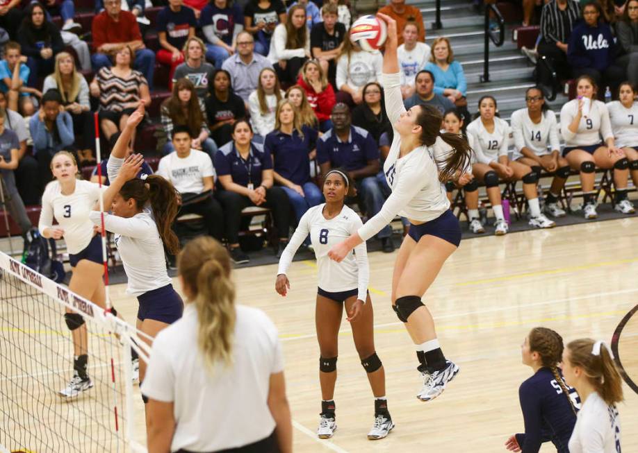 Shadow Ridge’s Whittnee Nihipali (15) during the Class 4A state volleyball game at Fai ...