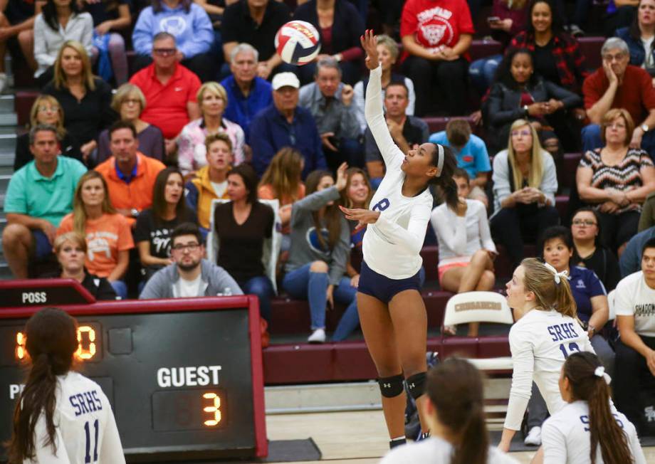 Shadow Ridge’s Alysha Smith (8) sends the ball over the net to Coronado during the Cla ...