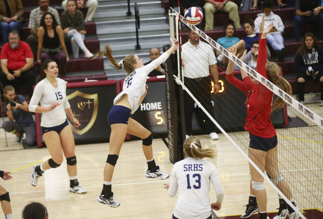 Shadow Ridge’s Madyson Lousignont (6) sends the ball to Coronado during the Class 4A s ...