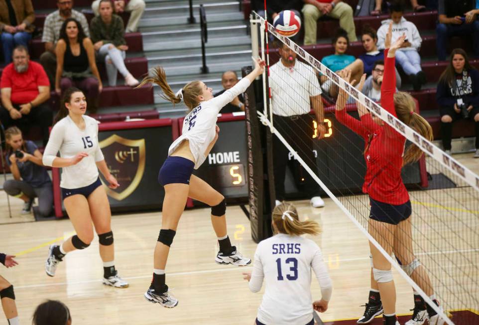 Shadow Ridge’s Madyson Lousignont (6) sends the ball to Coronado during the Class 4A s ...