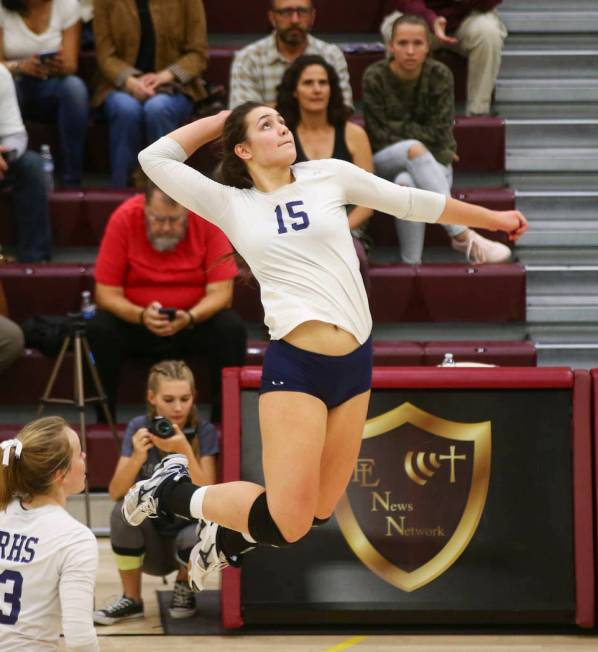 Shadow Ridge’s Whittnee Nihipali (15) prepares to hit the ball against Coronado during ...