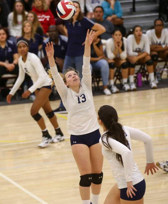 Shadow Ridge’s Autumn Spendlove (13) sets the ball while playing Coronado during the C ...