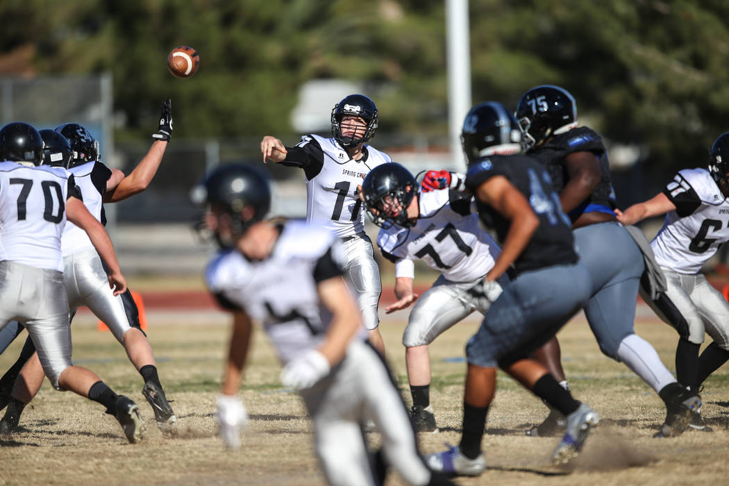 Spring Creek’s Thomas Ledford (11) throws a pass against Desert Pines during the first ...