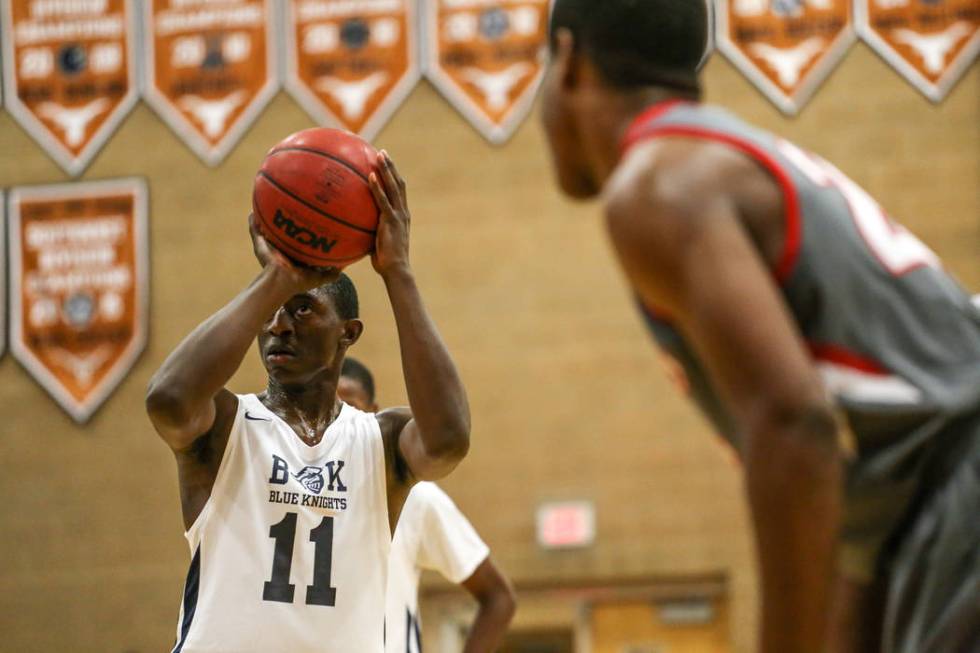 Democracy Prep’s Jared Holmes (11) shoots a free-throw against Arbor View during the f ...