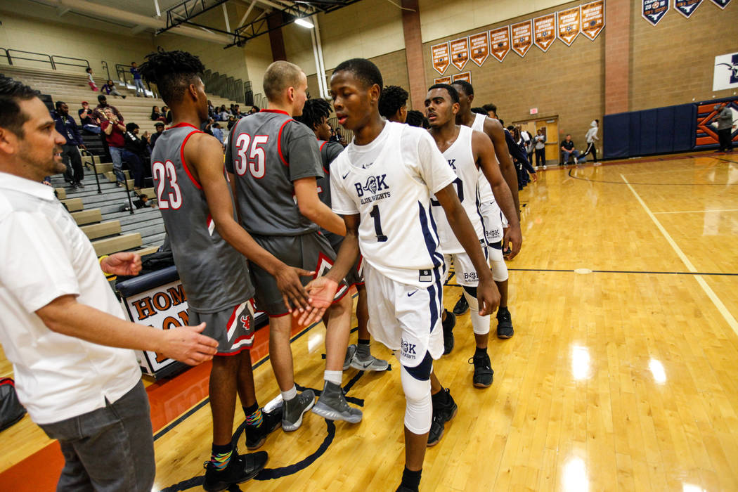 Democracy Prep’s Najeeb Muhaamad (1), right, shakes hands with Arbor View after winnin ...