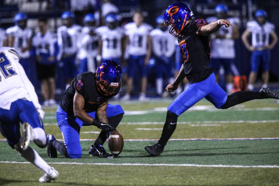 Bishop Gorman’s Derek Ng (23) kicks a field goal against Sierra Vista during the secon ...