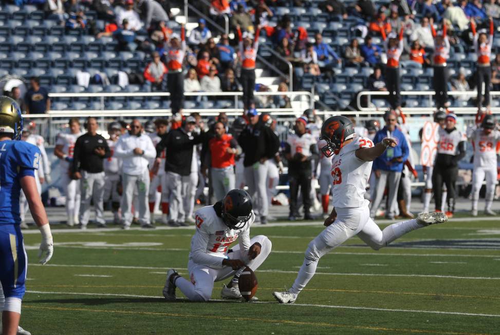 Bishop Gorman kicker Derek Ng competes in the NIAA 4A state championship football game in Re ...