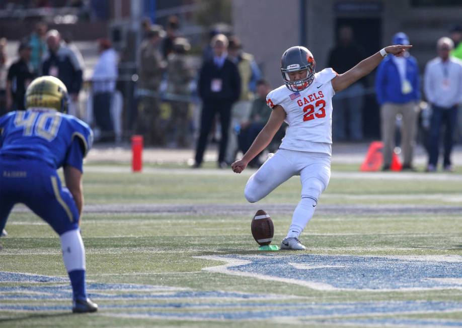 Bishop Gorman kicker Derek Ng competes in the NIAA 4A state championship football game in Re ...