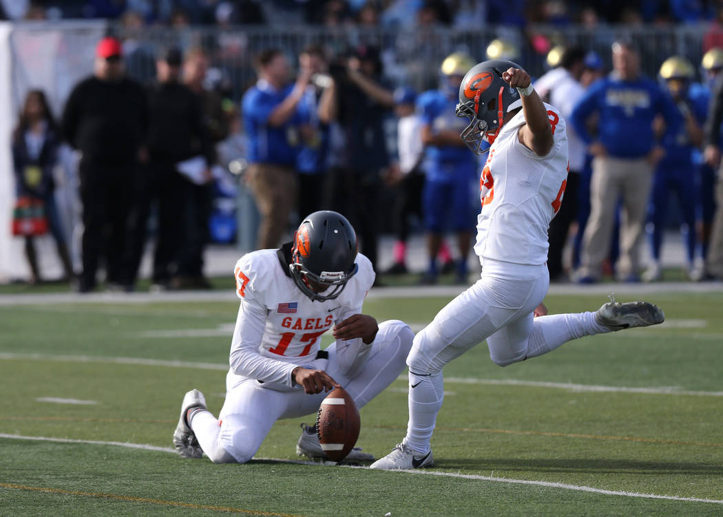 Bishop Gorman kicker Derek Ng competes in the NIAA 4A state championship football game in Re ...